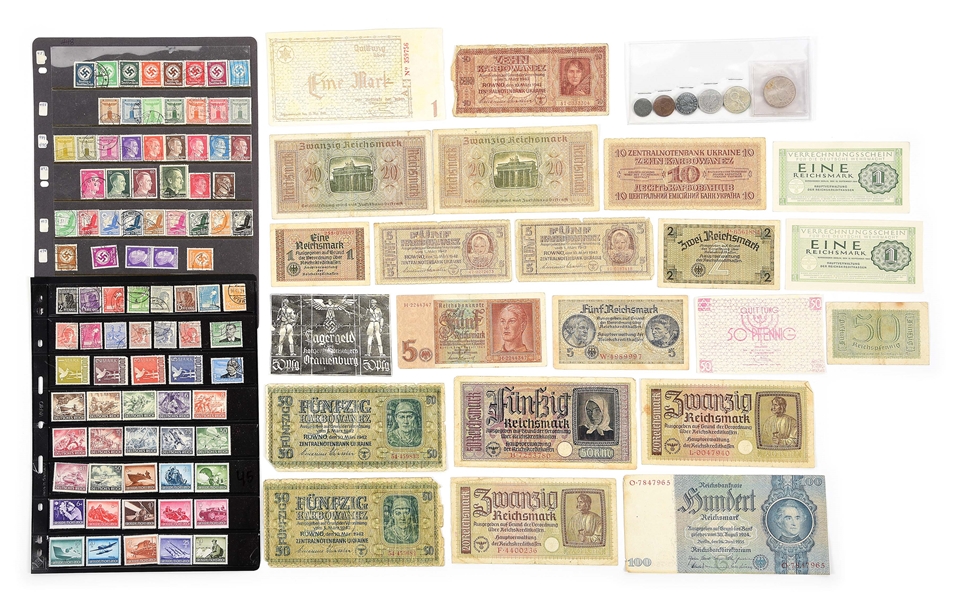 LOT OF THIRD REICH STAMPS AND CURRENCY.