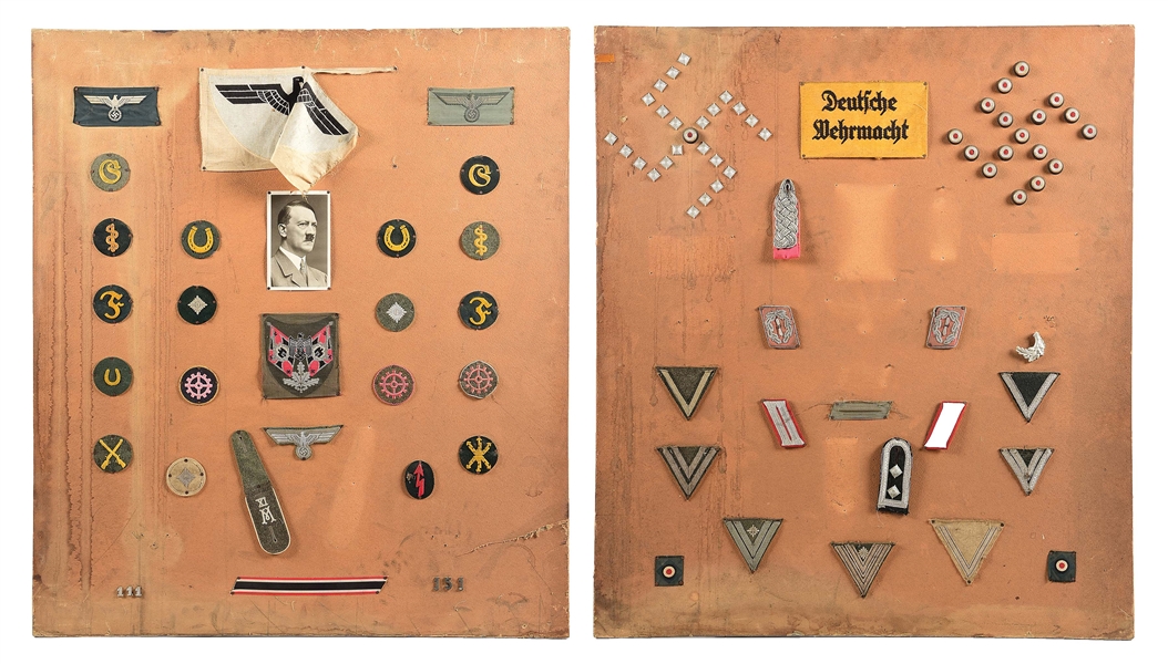 LOT OF 2: GERMAN WWII VET BRING BACK SOUVENIR INSIGNIA BOARDS.