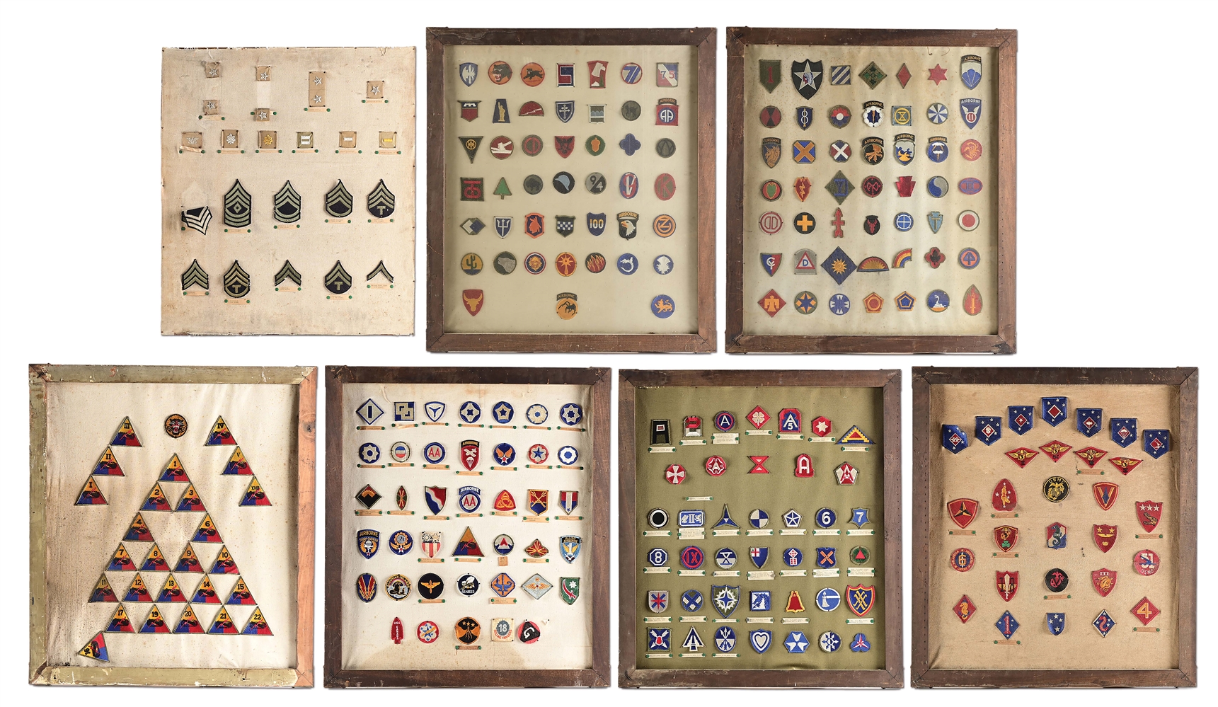 LOT OF 7: US WWII SOUVENIR PATCH BOARDS.