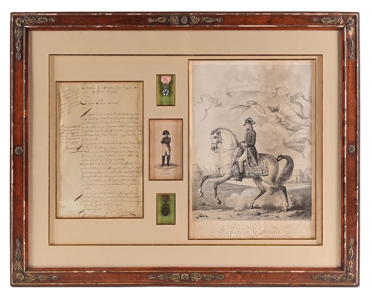 AN IMPORTANT LETTER SENT BY OCTAVIEN DALVIMART TO NAPOLEON REGARDING HIS ABBREVIATED PROMOTION TO CHEF DE BRIGADE, WITH NAPOLEONS SIGNATURE AND NOTES IN THE MARGIN, FRAMED WITH MEDALS AND PRINT.
