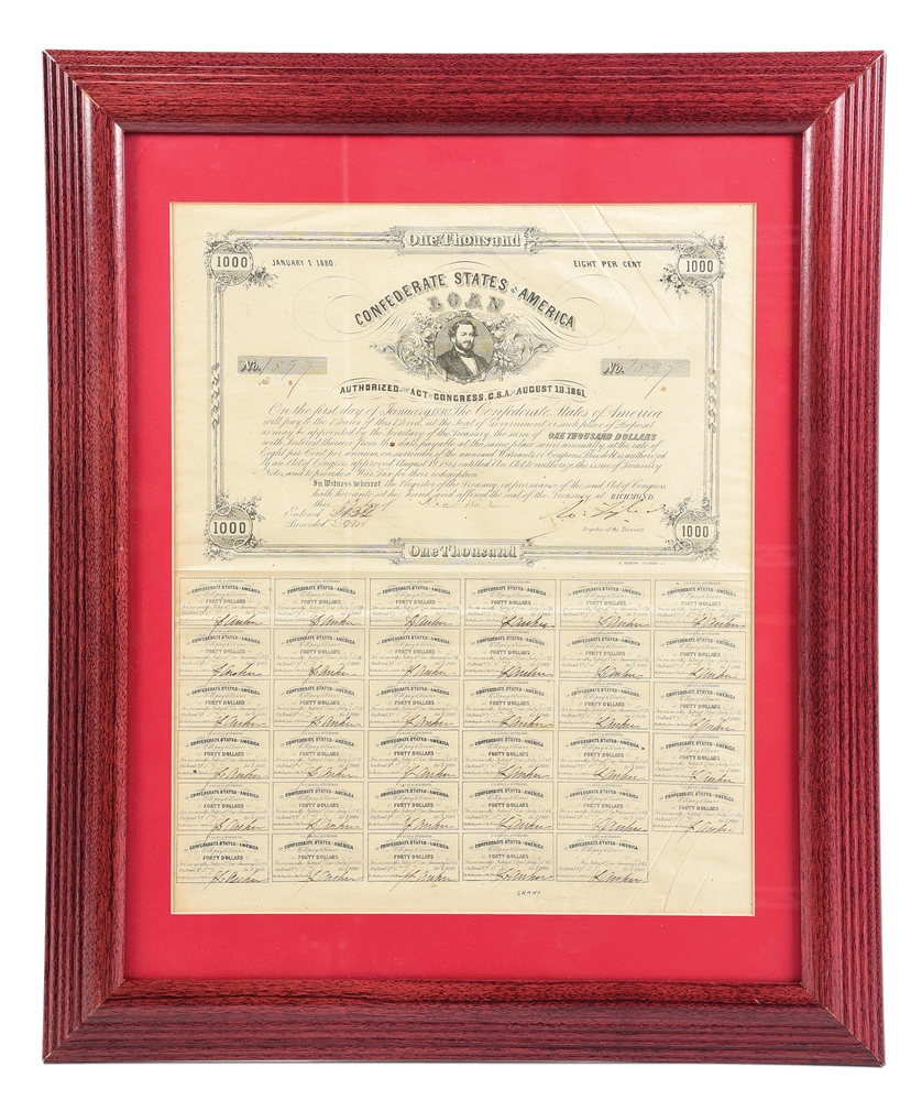 FRAMED CONFEDERATE $1000 CURRENCY.