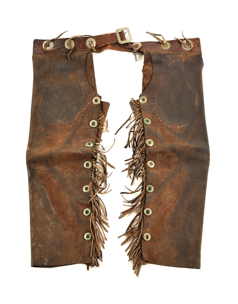 1920S WESTERN LEATHER COWBOY CHAPS.