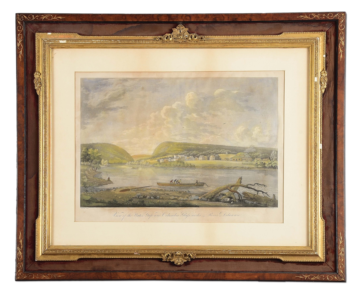 1820 PRINT OF THE VIEW OF THE WATER GAP AND COLUMBIA GLASS WORKS RIVER DELAWARE.