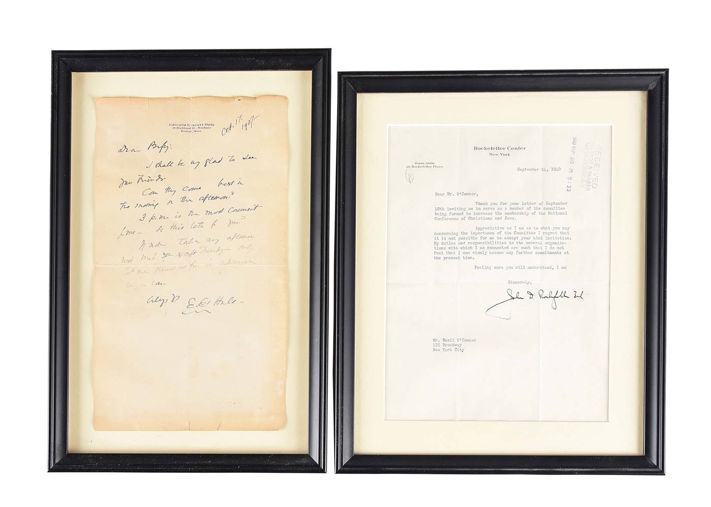 LOT OF 2: LETTERS SIGNED BY EDWARD E. HALE AND JOHN D. ROCKEFELLER.