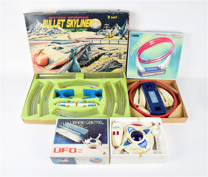 LOT OF 3: JAPANESE & TAIWAN BATTERY-OPERATED SPACE VEHICLE TOYS IN ORIGINAL BOXES.