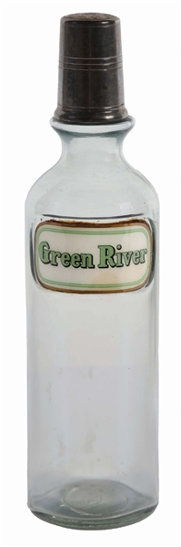GREEN RIVER LABEL UNDER GLASS SYRUP BOTTLE.