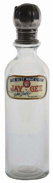 JAY-GEE LABEL UNDER GLASS SODA FOUNTAIN SYRUP BOTTLE.