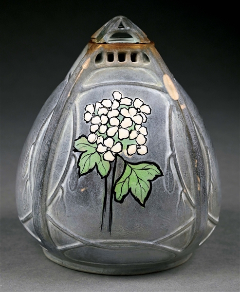 PAUL DACHSEL EARTHENWARE INCENSE BURNER W/ APPLIED ENAMEL FLOWERS AND RETICULATED TOP.