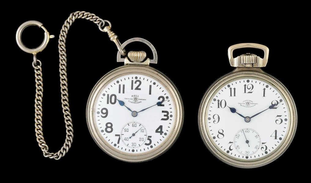 LOT OF 2: BALL OFFICIAL RR STANDARD SILVER/WHITE TONE O/F POCKET WATCHES.