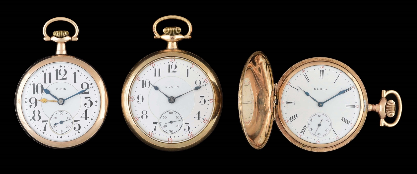 LOT OF 3: ELGIN NATIONAL WATCH CO. GOLD FILLED POCKET WATCHES.