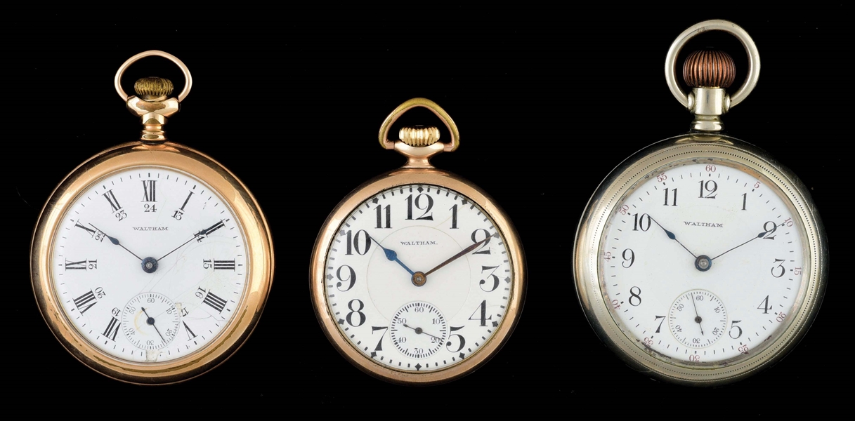 LOT OF 3: AMERICAN WALTHAM WATCH CO. O/F POCKET WATCHES.