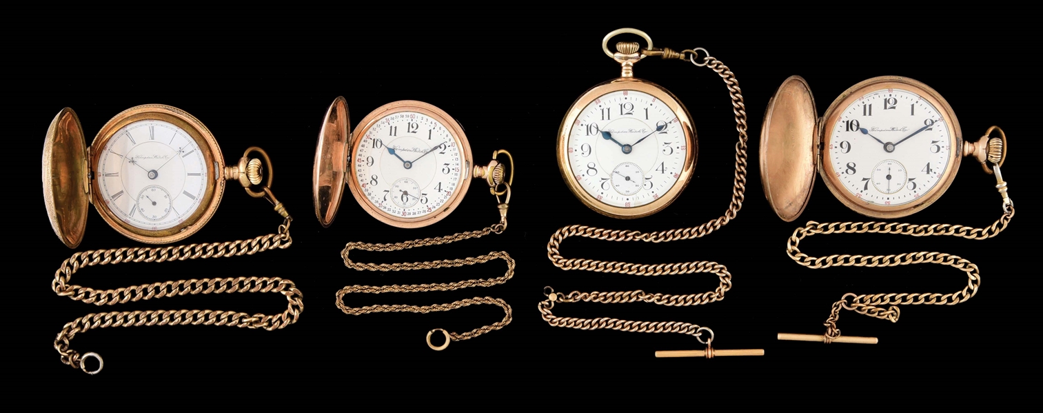 LOT OF 4: HAMPDEN WATCH CO. GOLD FILLED POCKET WATCHES.