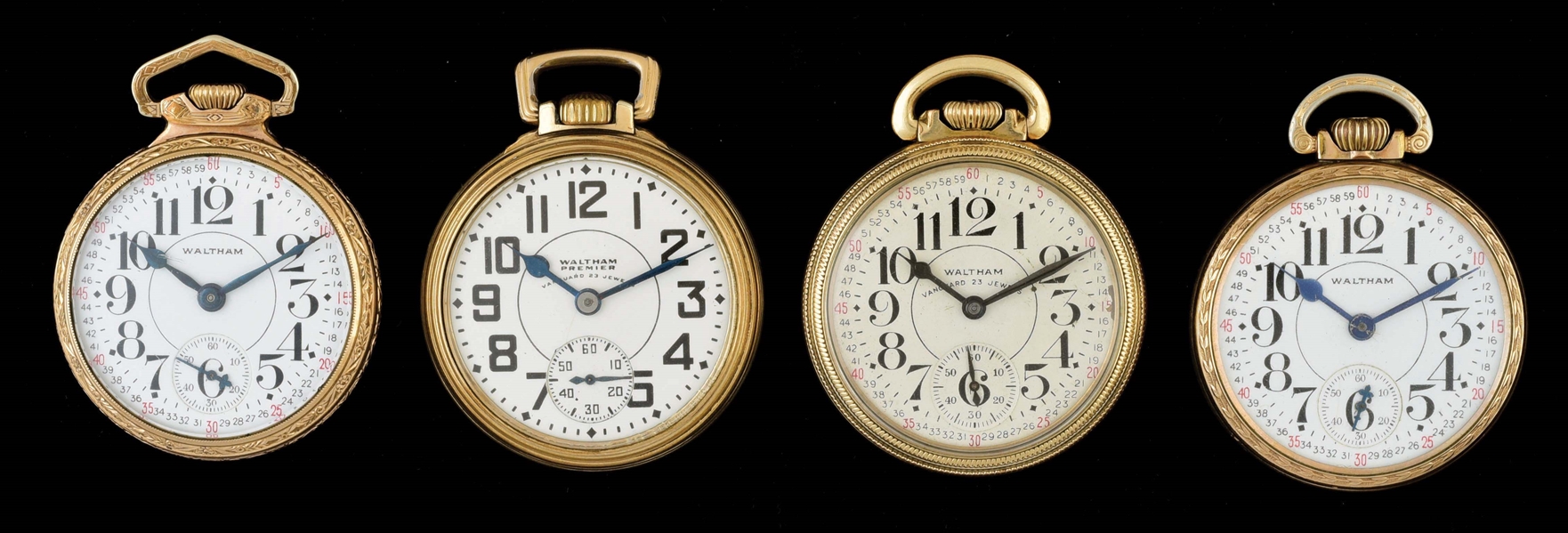 LOT OF 4: WALTHAM GOLD FILLED MODEL 1908 RR GRADE O/F POCKET WATCHES.