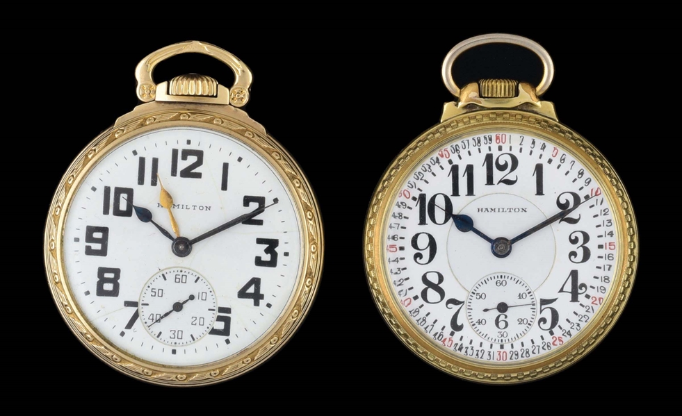 LOT OF 2: HAMILTON 992 GOLD FILLED RR GRADE O/F POCKET WATCHES.