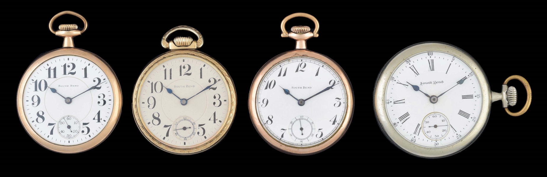LOT OF 4: SOUTH BEND OPEN FACE POCKET WATCHES.