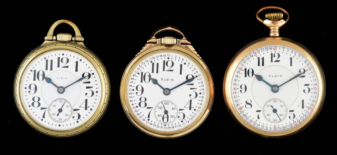 LOT OF 3: ELGIN GOLD FILLED O/F POCKET WATCHES.
