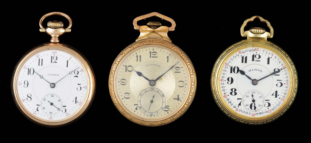 LOT OF 3: ILLINOIS GOLD FILLED 21J O/F POCKET WATCHES.