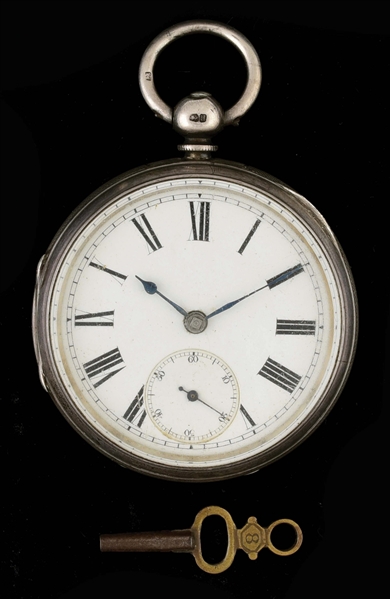 STERLING SILVER ENGLISH OPEN FACE FUSEE POCKET WATCH W/ KEY.