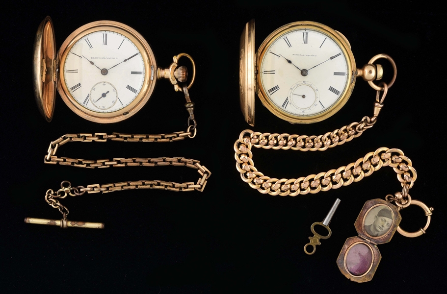 LOT OF 2: ELGIN NATIONAL WATCH CO. GOLD FILLED H/C POCKET WATCHES W/CHAINS.