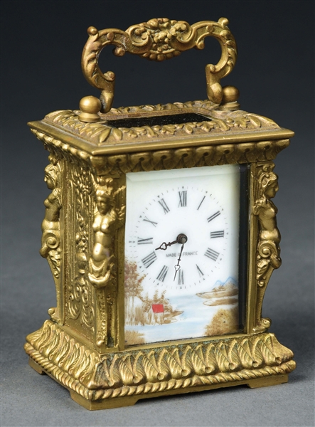 SMALL FRENCH ENAMELED CARRIAGE CLOCK W/ KEY.