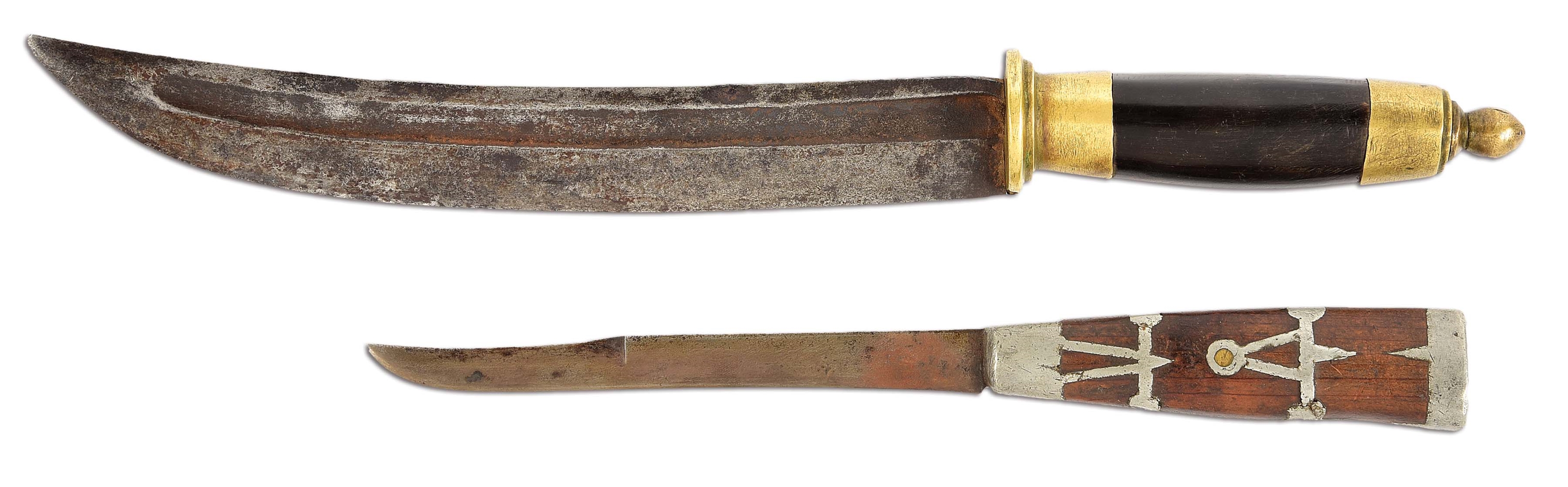 LOT OF 2: EARLY AMERICAN FIGHTING KNIFE WITH AN EARLY SKINNING KNIFE.