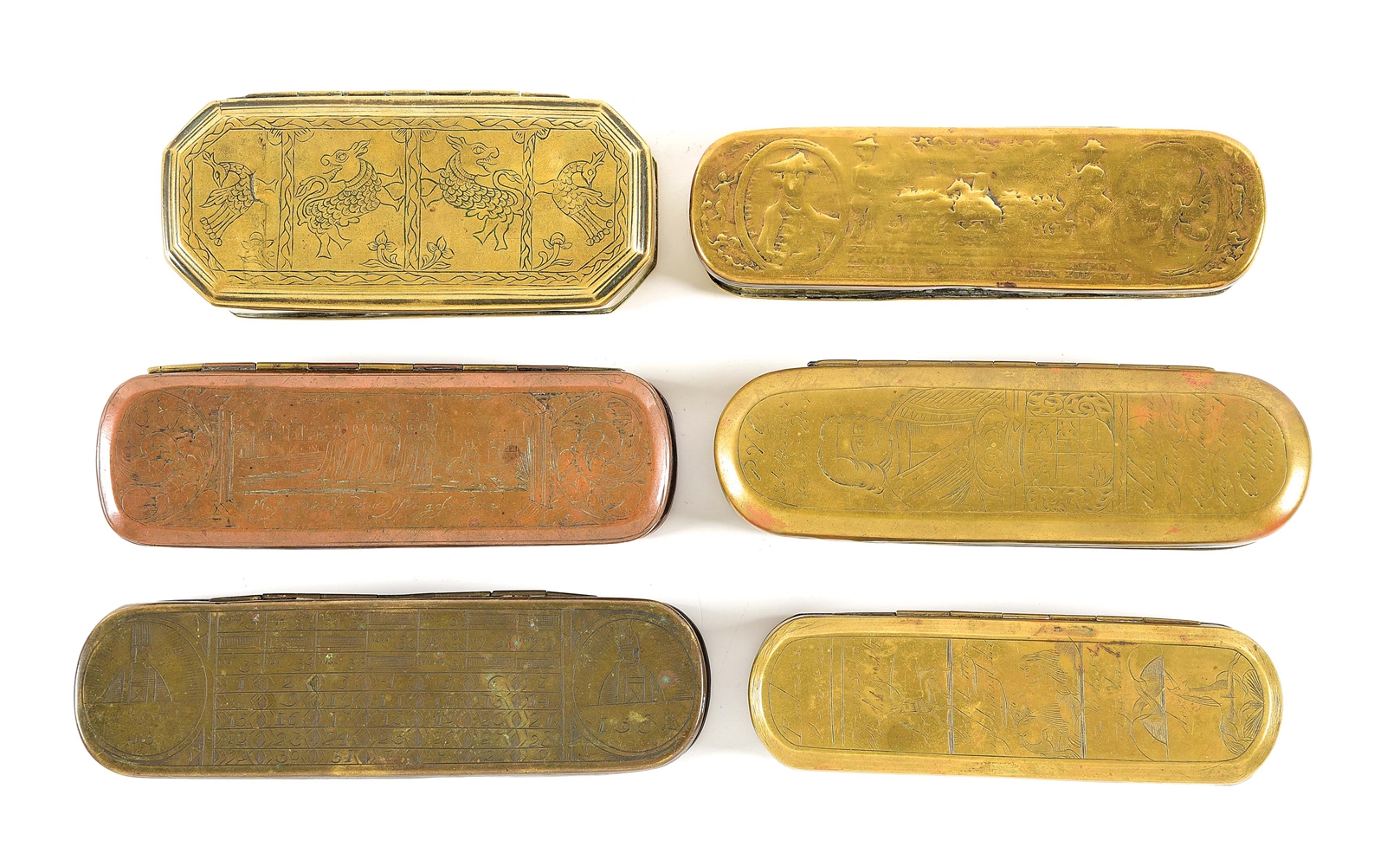 LOT OF 6: 18TH CENTURY FINELY ENGRAVED BRASS SNUFF BOXES.