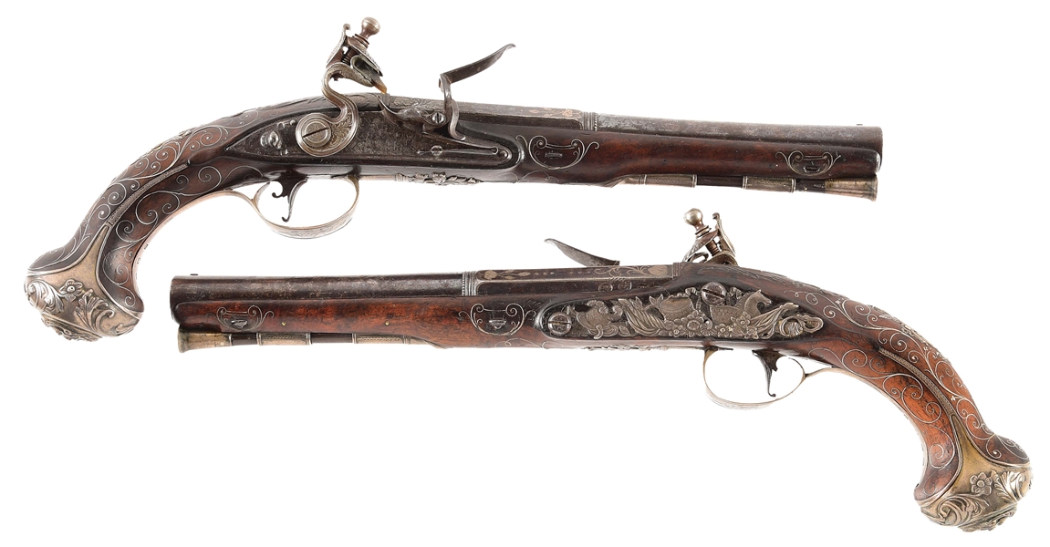 (A) STUNNING, NEVER PUBLICLY OFFERED, PAIR OF DANIEL MOORE PRESENTATION PISTOLS WITH SOLID SILVER MOUNTS BY JOHN KING, OWNED BY EDWARD LLOYD IV, "THE PATRIOT", DELEGATE TO THE CONTINENTAL CONGRESS.
