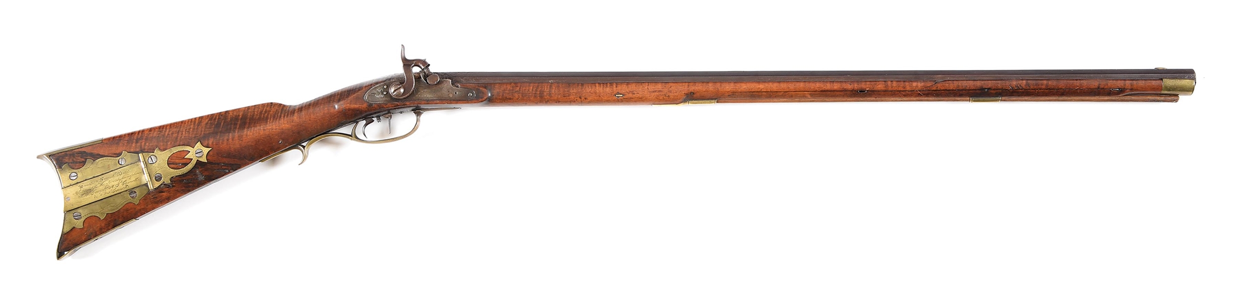 (A) SIGNED WILLIAM EVICK PERCUSSION KENTUCKY RIFLE WITH INSCRIPTION AND PRESENTATON FROM THE BATTLE OF ANTIETAM.