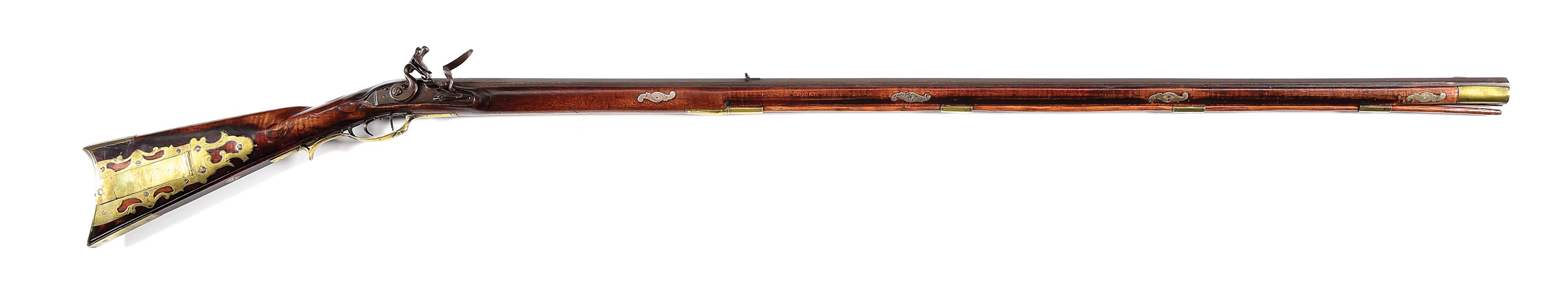 (A) EXTRA FINE RAISED CARVED FLINTLOCK KENTUCKY RIFLE SIGNED W. ROGERS.