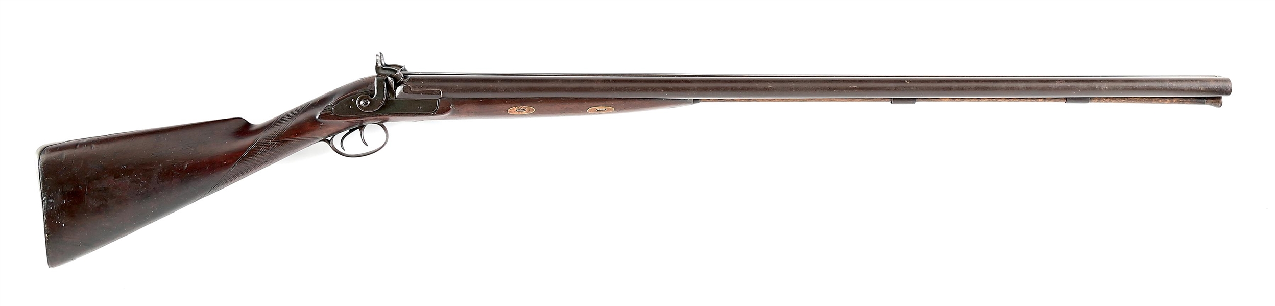(A) W. FAVIER OF BALTIMORE, MARYLAND PERCUSSION 8 BORE SIDE BY SIDE SHOTGUN.