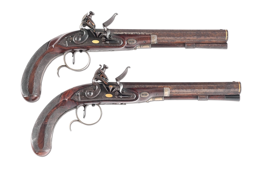 (A) AN EXCELLENT PAIR OF HIGH QUALITY JAMES HASLETT SILVER MOUNTED FLINTLOCK PISTOLS.