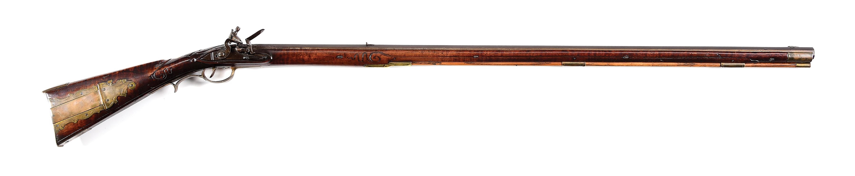 (A) FINE RAISED CARVED FLINTLOCK KENTUCKY RIFLE ATTRIBUTED TO JACOB METZGER.