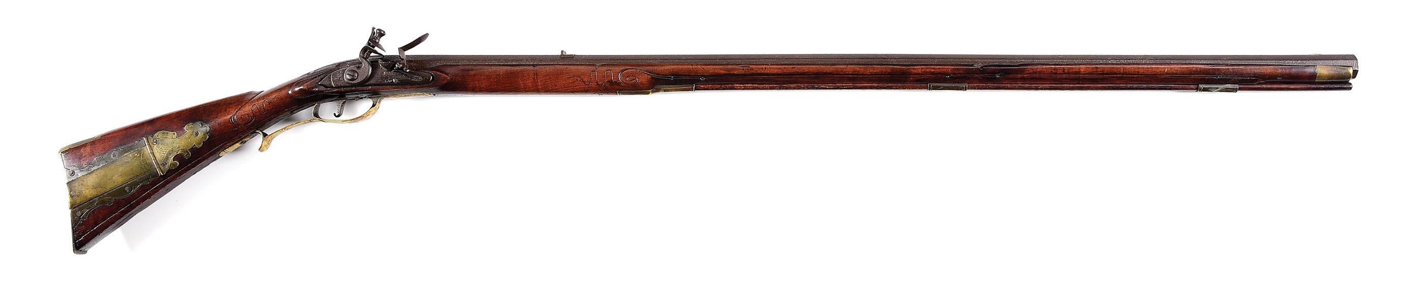 (A) EARLY FINE RAISED CARVED FLINTLOCK KENTUCKY RIFLE ATTRIBUTED TO JACOB METZGER.