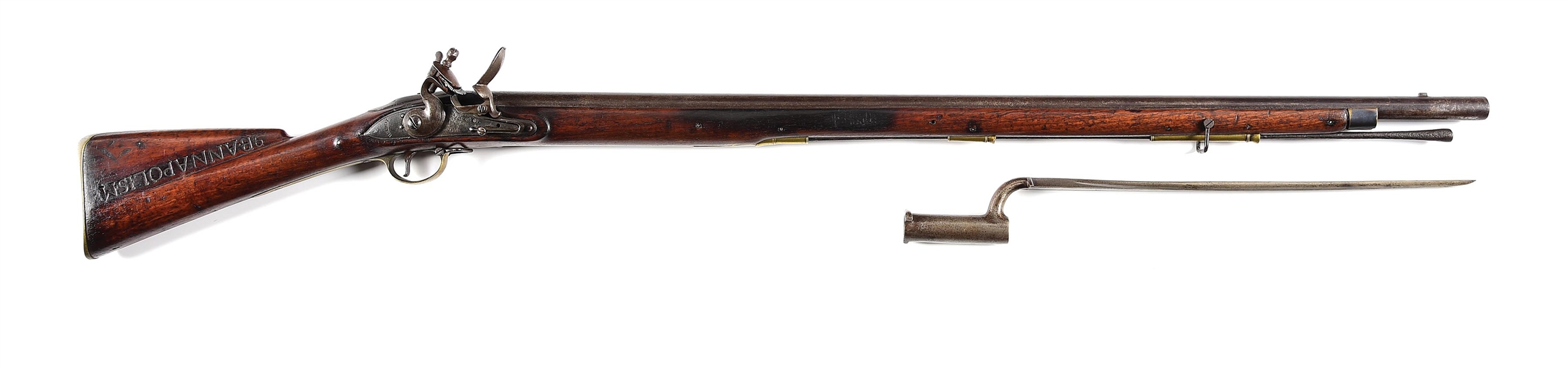 (A) BRITISH 3RD MODEL BROWN BESS MUSKET WITH CANADIAN MILITIA BRAND AND BAYONET.