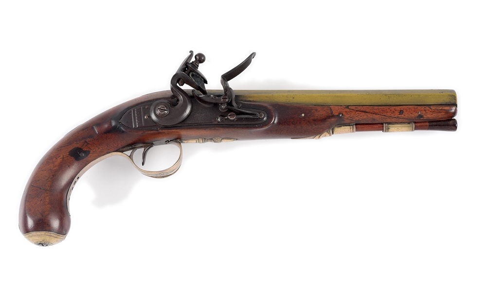 (A) ROBERT HODGSON FLINTLOCK PISTOL WITH BRASS BARREL AND SILVER MOUNTS, HALLMARKED FOR CHARLES FREETH.