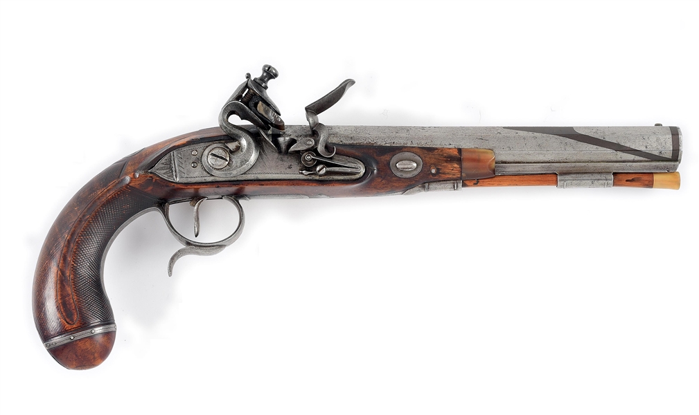 (A) AN EXTREMELY ATTRACTIVE PHILIP CREAMER FLINTLOCK PISTOL WITH SILVER INLAYS AND COPPER BANDS, EX. WILLIAM LOCKE COLLECTION.