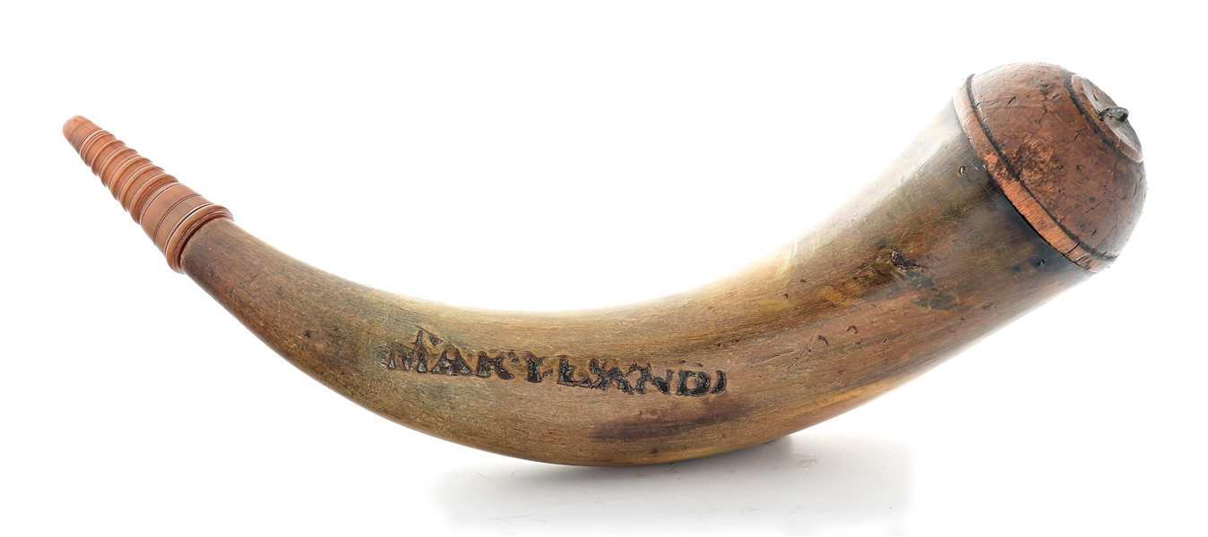 RARE "MARYLAND" BRANDED 1812 ERA YORK COUNTY SCREW TIP POWDER HORN.