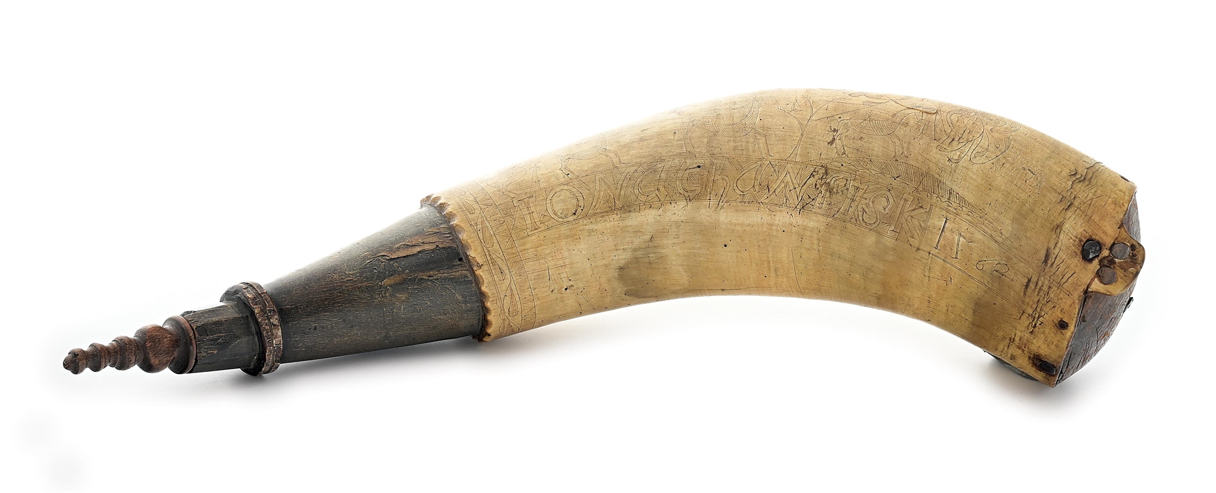 ENGRAVED 1762 DATED POWDER HORN OF JONATHAN FISK.