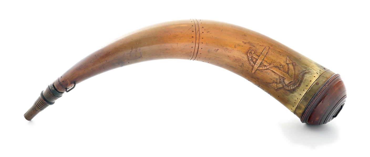 WELL PUBLISHED SCREW-TIP POWDER HORN OF JNO. MCCOMAS MARKED BALTIMORE TOWN.