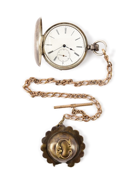 POCKET WATCH WITH CONFEDERATE CAVALRY BRIDLE ROSETTE AS WATCH FOB.