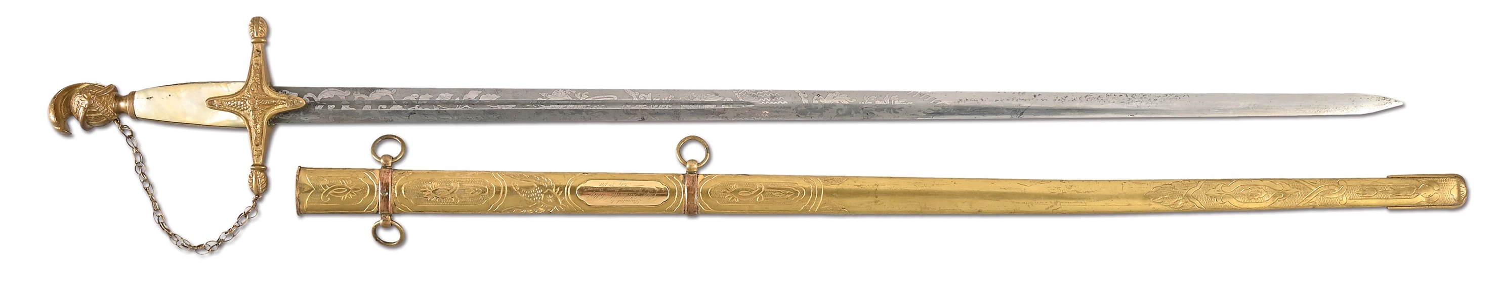 AMES KNIGHT HEAD MILITIA OFFICERS SWORD PRESENTED TO CAPTAIN RICHARD LILLY, BALTIMORE SHARP SHOOTERS.