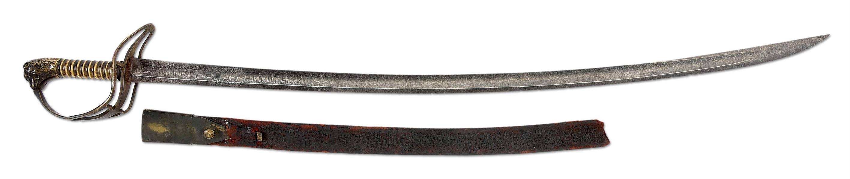 BRASS MOUNTED "AMERICAN LIGHT HORSE" INSCRIBED CAVALRY SABER WITH PARTIAL SCABBARD.