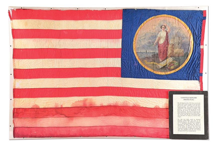 HISTORIC EARLY CIVIL WAR FLAG OF THE MARYLAND VANSVILLE RANGERS WITH BEAUTIFULLY PAINTED SEAL.