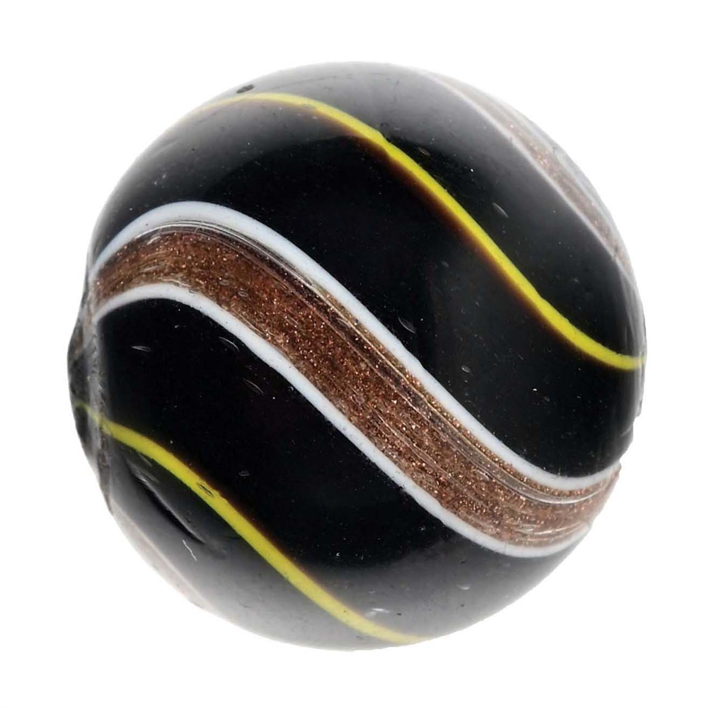 BLACK OPAQUE LUTZ WITH YELLOW BANDS.