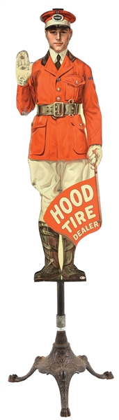 INCREDIBLE HOOD TIRES TIN LITHOGRAPHED "FLAGMAN" TWO PIECE SERVICE STATION SIGN W/ ORIGINAL POLE MOUNT. 