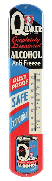 QUAKER BRAND ANTI-FREEZE TIN SERVICE STATION THERMOMETER.