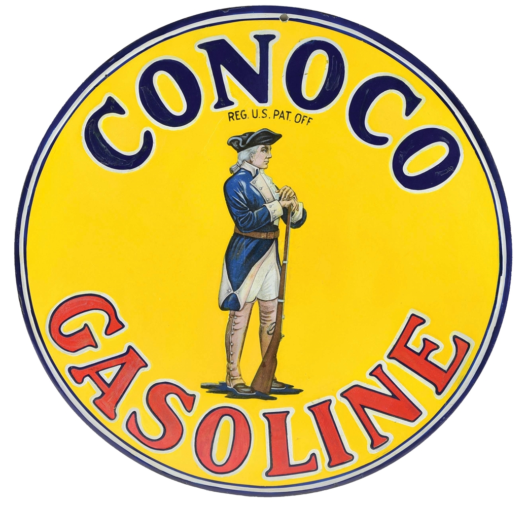 CONOCO GASOLINE PORCELAIN SERVICE STATION SIGN W/ MINUTEMAN GRAPHIC. 