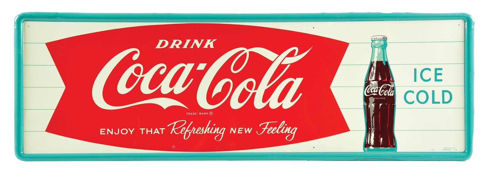 DRINK COCA COLA ICE COLD SELF FRAMED TIN SIGN W/ BOTTLE & FISHTAIL GRAPHIC. 