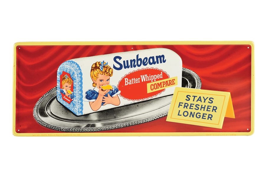 SUNBEAM BREAD "STAYS FRESH LONGER" EMBOSSED TIN SIGN. 