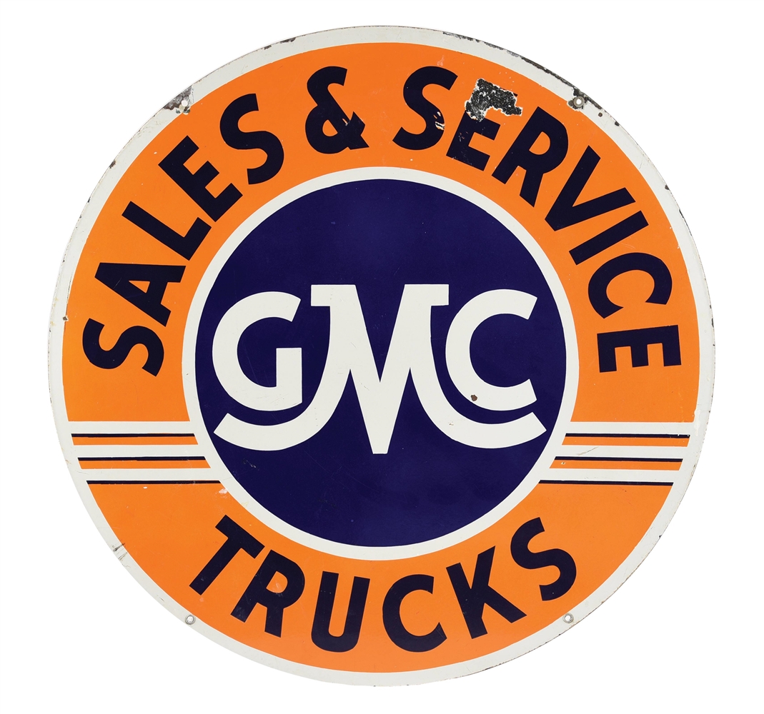 GMC TRUCKS SALES & SERVICE PORCELAIN SIGN.